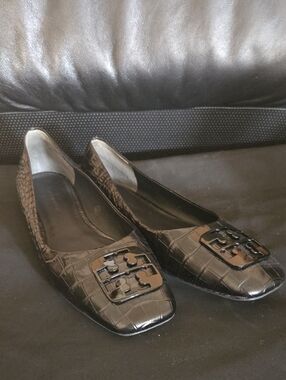 Tory Burch Black Croc-Embossed Logo Square-Toe Ballet Flats